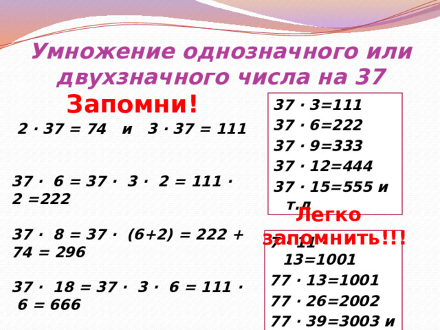 Умножение однозначного или двухзначного числа на 37 Запомни! 37 ∙ 3=111 37 ∙ 6=222 37 ∙ 9=333 37 ∙ 12=444 37 ∙ 15=555 и т.д   2 ∙ 37 = 74 и 3 ∙ 37 = 111   37 ∙ 6 = 37 ∙ 3 ∙ 2 = 111 ∙ 2 =222   37 ∙ 8 = 37 ∙ (6+2) = 222 + 74 = 296   37 ∙ 18 = 37 ∙ 3 ∙ 6 = 111 ∙ 6 = 666  Легко запомнить!!! 7 ∙ 11 ∙ 13=1001 77 ∙ 13=1001 77 ∙ 26=2002 77 ∙ 39=3003 и т.д 