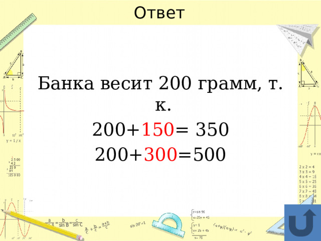 Ответ Банка весит 200 грамм, т. к. 200+ 150 = 350 200+ 300 =500 
