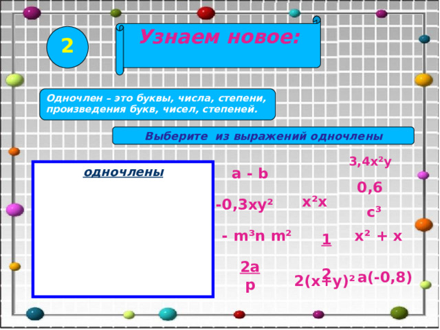 Узнаем новое:  2 Одночлен – это буквы, числа, степени, произведения букв, чисел, степеней. Выберите из выражений одночлены  3,4х²у одночлены a - b 0,6 х²х -0,3ху² с³ х² + х - m³n m² 1  2 2а  р а(-0,8) 2( х+у)² 