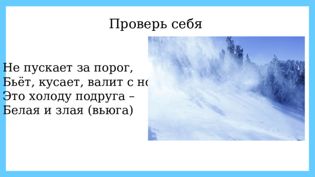 Проверь себя Не пускает за порог, Бьёт, кусает, валит с ног. Это холоду подруга – Белая и злая (вьюга) 