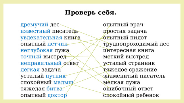 Проверь себя. опытный врач дремучий лес известный писатель простая задача увлекательная книга опытный пилот опытный летчик труднопроходимый лес неглубокая лужа интересная книга меткий выстрел точный выстрел неправильный ответ усталый странник легкая задача тяжелое сражение усталый путник знаменитый писатель спокойный малыш мелкая лужа тяжелая битва ошибочный ответ опытный доктор спокойный ребенок 