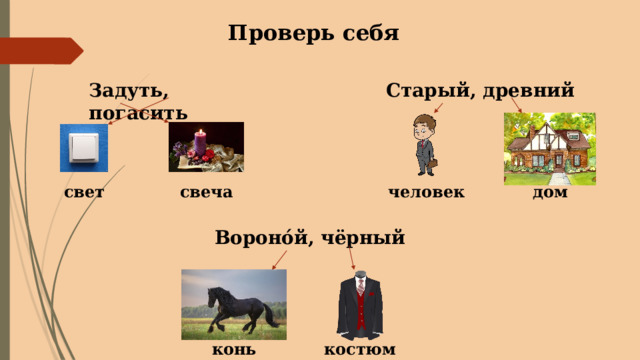 Проверь себя Старый, древний Задуть, погасить свеча свет человек дом Вороно́й, чёрный конь костюм 