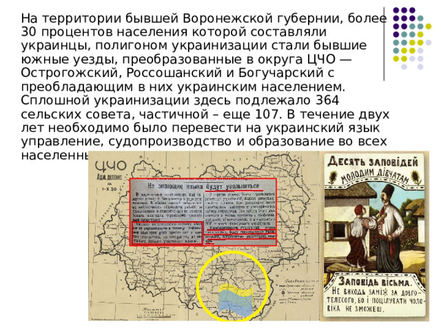  На территории бывшей Воронежской губернии, более 30 процентов населения которой составляли украинцы, полигоном украинизации стали бывшие южные уезды, преобразованные в округа ЦЧО — Острогожский, Россошанский и Богучарский с преобладающим в них украинским населением. Сплошной украинизации здесь подлежало 364 сельских совета, частичной – еще 107. В течение двух лет необходимо было перевести на украинский язык управление, судопроизводство и образование во всех населенных пунктах этих трех округов 