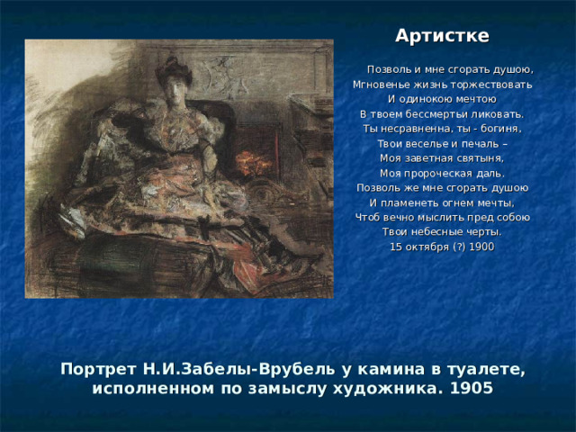 Артистке  Позволь и мне сгорать душою, Мгновенье жизнь торжествовать И одинокою мечтою В твоем бессмертьи ликовать. Ты несравненна, ты - богиня, Твои веселье и печаль – Моя заветная святыня, Моя пророческая даль. Позволь же мне сгорать душою И пламенеть огнем мечты, Чтоб вечно мыслить пред собою Твои небесные черты. 15 октября (?) 1900    Портрет Н.И.Забелы-Врубель у камина в туалете, исполненном по замыслу художника. 1905 