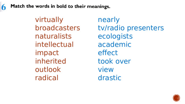 nearly virtually tv/radio presenters broadcasters ecologists naturalists academic intellectual effect impact inherited took over view outlook radical drastic 