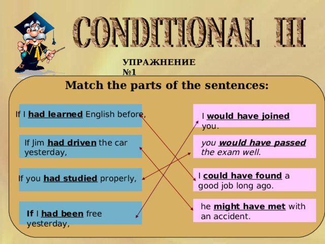 УПРАЖНЕНИЕ №1  Match the parts of the sentences: If I had learned English before, I would have joined you.  If Jim had driven the car yesterday, you would have passed the exam well.  I could have found a good job long ago.  If you had studied properly, he might have met with an accident.  If I had been free yesterday, 