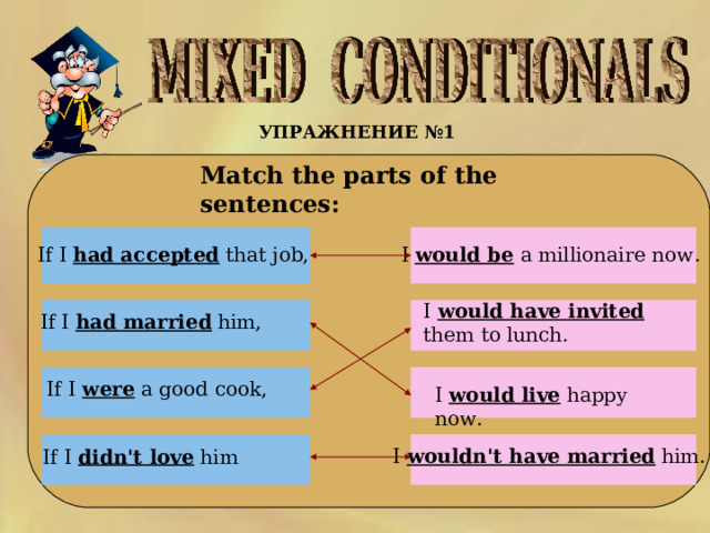 УПРАЖНЕНИЕ №1   Match the parts of the sentences:      If I had accepted that job,  I would be a millionaire now.  I would have invited them to lunch.  If I had married him,  If I were a good cook, I would live happy now.    If I didn't love him  I wouldn't have married him.  