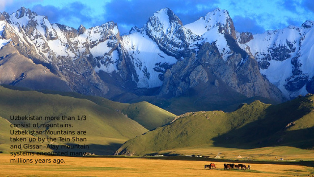 Uzbekistan more than 1/3 consist of mountains. Uzbekistan Mountains are taken up by the Tein Shan and Gissar –Alay mountain systems encounted many millions years ago. 