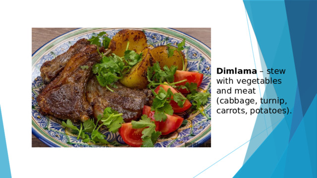 Dimlama – stew with vegetables and meat (cabbage, turnip, carrots, potatoes). 