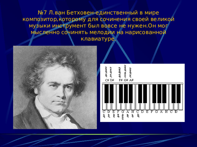 № 7 Л.ван Бетховен-единственный в мире композитор,которому для сочинения своей великой музыки инструмент был вовсе не нужен.Он мог мысленно сочинять мелодии на нарисованной клавиатуре. 