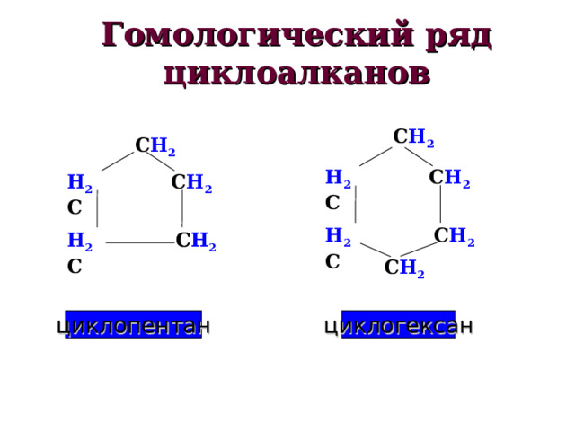 Гомологический ряд циклоалканов С H 2 С H 2 С H 2 H 2 С H 2 С С H 2 H 2 С С H 2 H 2 С С H 2 С H С H 2 циклогексан циклопентан 