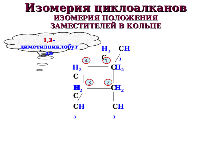 Изомерия циклоалканов  ИЗОМЕРИЯ ПОЛОЖЕНИЯ ЗАМЕСТИТЕЛЕЙ В КОЛЬЦЕ 1,2 -диметилциклобутан 1,1-диметилциклобутан 1,3 -диметилциклобутан H 3 С С H 3 4 1 H 2 H 2 H H   С С 3 2 H 2 С H H 2 H  С С H 3 С H 3 
