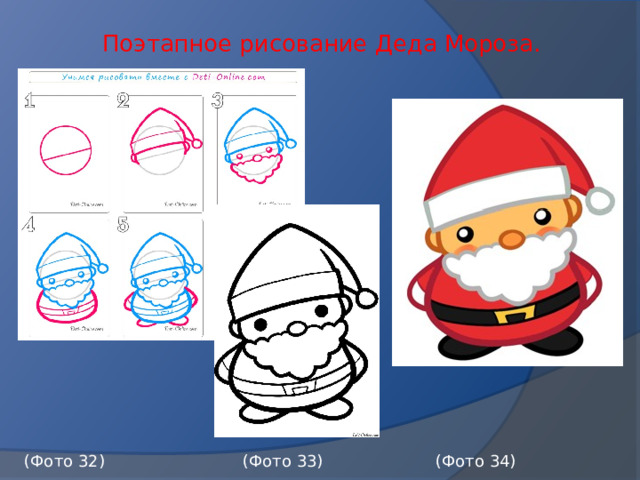 Поэтапное рисование Деда Мороза.    (Фото 32) (Фото 33) (Фото 34) 
