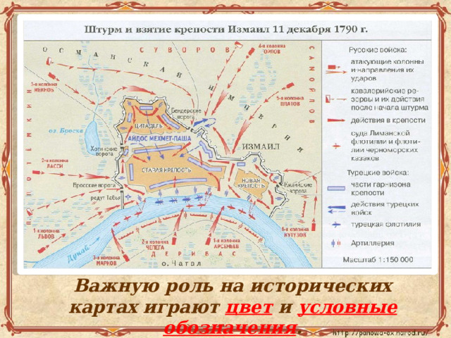  Важную роль на исторических картах играют цвет и условные обозначения . 