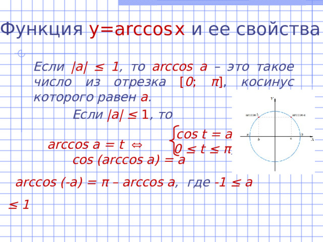 Функция  y=arccos  x  и ее свойства Если |а| ‌‌≤ 1 , то  arccos а –  это такое число из отрезка  [ 0 ; π ] , косинус которого равен а .   Если |а| ‌‌≤ 1 , то   arccos а = t    cos (arccos a) = a  arccos (-a) = π – arccos a , где -1 ≤ а ≤ 1 cos t = а , 0 ≤ t ≤ π ; 