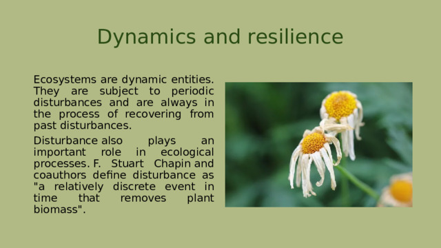 Dynamics and resilience Ecosystems are dynamic entities. They are subject to periodic disturbances and are always in the process of recovering from past disturbances. Disturbance also plays an important role in ecological processes. F. Stuart Chapin and coauthors define disturbance as 