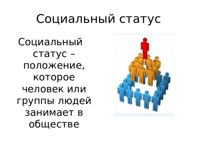 Социальный статус Социальный статус – положение, которое человек или группы людей занимает в обществе 