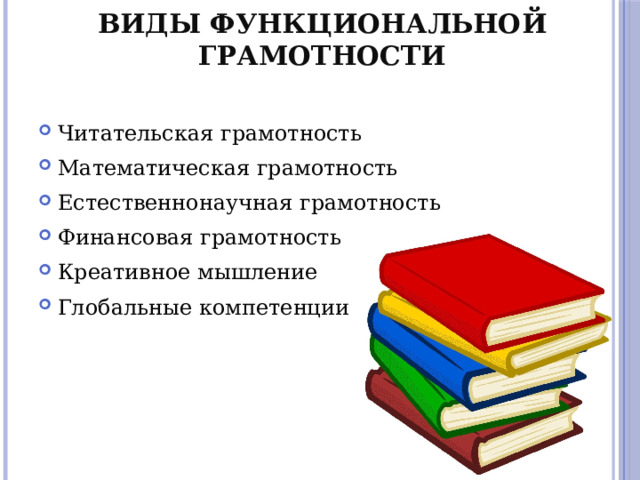 Виды функциональной грамотности   Читательская грамотность Математическая грамотность Естественнонаучная грамотность Финансовая грамотность Креативное мышление Глобальные компетенции 