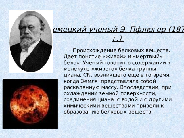 Немецкий ученый Э. Пфлюгер (1875 г.)  Происхождение белковых веществ. Дает понятие «живой» и «мертвый» белок. Ученый говорит о содержании в молекуле «живого» белка группы циана, CN, возникшего еще в то время, когда Земля представляла собой раскаленную массу. Впоследствии, при охлаждении земной поверхности, соединения циана с водой и с другими химическими веществами привели к образованию белковых веществ. 