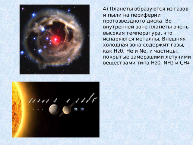 4) Планеты образуются из газов и пыли на периферии протозвездного диска. Во внутренней зоне планеты очень высокая температура, что испаряются металлы. Внешняя холодная зона содержит газы, как H 2 0, He и Ne, и частицы, покрытые замерзшими летучими веществами типа H 2 0, NH 3 и CH 4 