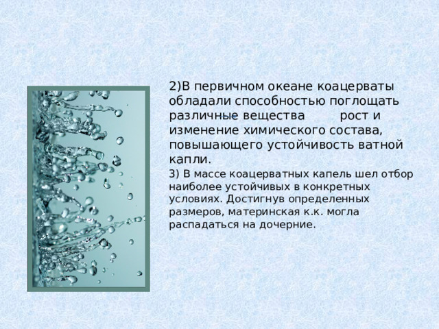 2)В первичном океане коацерваты обладали способностью поглощать различные вещества рост и изменение химического состава, повышающего устойчивость ватной капли. 3) В массе коацерватных капель шел отбор наиболее устойчивых в конкретных условиях. Достигнув определенных размеров, материнская к.к. могла распадаться на дочерние. 