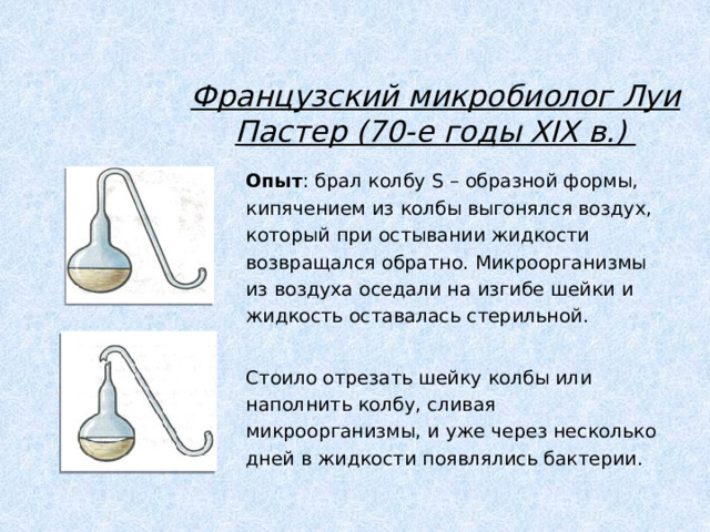 Французский микробиолог Луи Пастер (70-е годы XIX в.) Опыт : брал колбу S – образной формы, кипячением из колбы выгонялся воздух, который при остывании жидкости возвращался обратно. Микроорганизмы из воздуха оседали на изгибе шейки и жидкость оставалась стерильной. Стоило отрезать шейку колбы или наполнить колбу, сливая микроорганизмы, и уже через несколько дней в жидкости появлялись бактерии.  