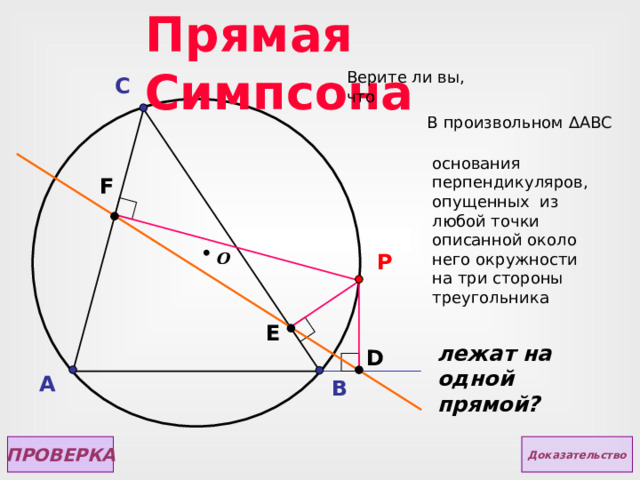 Прямая Симпсона Верите ли вы,  что C В произвольном ∆ АВС основания перпендикуляров, опущенных из любой точки описанной около него окружности на три стороны треугольника F P О E лежат на одной прямой? D A B ПРОВЕРКА Доказательство  