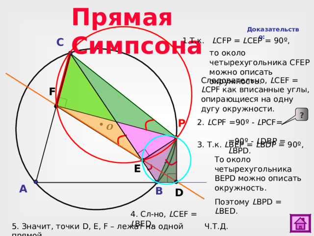 Прямая Симпсона Доказательство: 1.Т.к.    L CFP =  L CEP = 90 º ,  C то  около четырехугольника CF Е P можно описать окружность. Следовательно, L CEF = L CPF как вписанные углы, опирающиеся на одну дугу окружности. F ? P 2. L CPF  =90 º - L PCF= = 90º - L DBP = L BPD. О 3. Т.к. L BEP = L BDP = 90 º,  Для доказательства пункта 2. сделайте клик по кнопке «?».. 2) Для перехода к слайду № 29 сделайте клик по кнопке «астроном». То около четырехугольника BEPD можно описать окружность. E A B D Поэтому L BPD = L BED. 4 . Сл-но, L CEF = L BED.  5. Значит, точки D , E , F – лежат на одной прямой. Ч.Т.Д.  