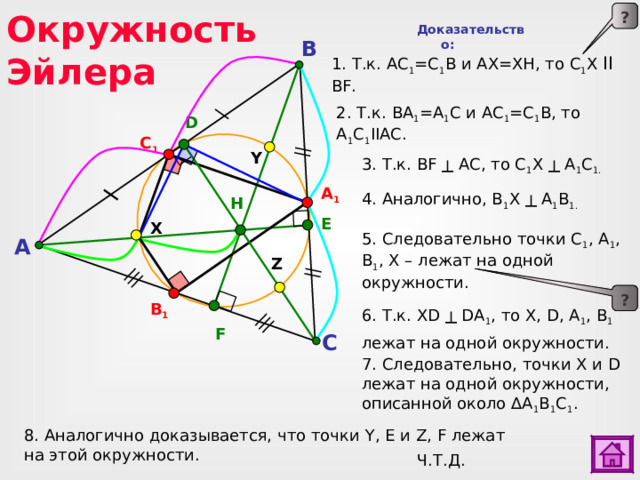 Окружность Эйлера ? Доказательство: B 1. Т.к. АС 1 =С 1 В и АХ=ХН, то С 1 Х II BF . 2 . Т.к. ВА 1 =А 1 С и АС 1 =С 1 В, то А 1 С 1 IIAC .  D C 1 3 . Т.к. BF ┴ AC , то С 1 Х ┴ А 1 С 1. Y 4. Аналогично, В 1 Х ┴ А 1 В 1. A 1 H E X 5. Следовательно точки С 1 , А 1 , В 1 , Х – лежат на одной окружности. A Z 6. Т.к. XD ┴ DA 1 , то X , D , A 1 , B 1  лежат на одной окружности. ? B 1  Для доказательства пунктов 2 и 5. сделайте клик по соответствующей кнопке «?».. 2) Для перехода к слайду № 30 сделайте клик по кнопке «астроном». F C 7. Следовательно, точки X и D лежат на одной окружности, описанной около ∆ А 1 В 1 С 1 . 8. Аналогично доказывается, что точки Y , E и Z , F лежат на этой окружности. Ч.Т.Д.  