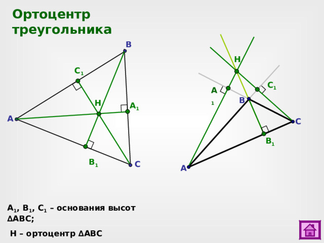 Ортоцентр  треугольника B H C 1 C 1 A 1 B H A 1 A C B 1 B 1 C A A 1 , B 1 , C 1  – основания высот  ∆ ABC ;  H – ортоцентр ∆ ABC  