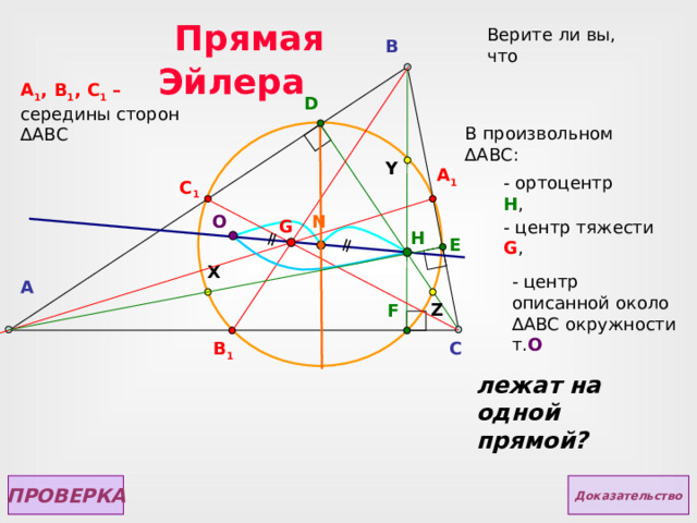  Прямая Эйлера Верите ли вы,  что B A 1 , B 1 , C 1 – середины сторон  ∆АВС D В произвольном ∆ АВС: Y A 1 - ортоцентр H , C 1 N O G - центр тяжести G , H E X - центр описанной около ∆ АВС окружности т. O A Z F B 1 C лежат на одной прямой? ПРОВЕРКА Доказательство 