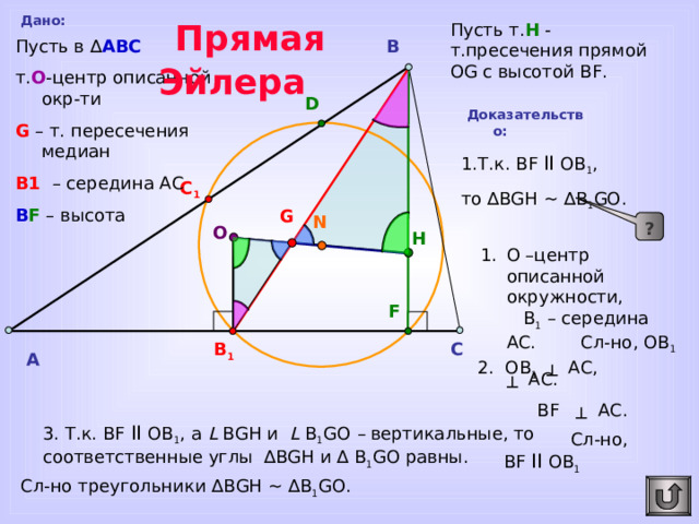  Прямая Эйлера Дано: Пусть т. Н - т.пресечения прямой OG с высотой BF. Пусть в ∆ АВС т. O -центр описанной окр-ти G – т. пересечения медиан В1 – середина АС B F – высота B D Доказательство: 1.Т.к. BF II OB 1 , то ∆ BGH ~ ∆ B 1 GO. C 1 G N ? О H О –центр описанной окружности, В 1 – середина АС. Сл-но, ОВ 1   ┴ АС. F Для перехода к предыдущему слайду сделайте клик по управляющей кнопке «Возврат». B 1 C 2. ОВ 1   ┴ АС, BF  ┴ АС. Сл-но, BF II OB 1  A 3. Т.к. BF II OB 1 , а L BGH и  L B 1 GO – вертикальные, то соответственные углы ∆ BGH и ∆ B 1 GO равны. Сл-но треугольники ∆ BGH ~ ∆ B 1 GO . 20 