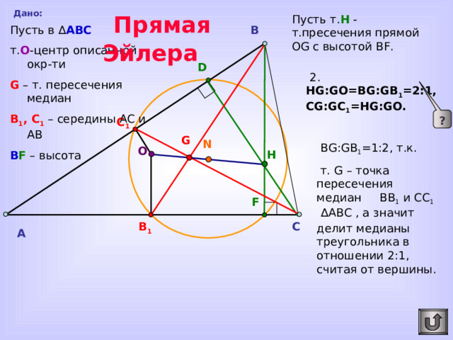  Прямая Эйлера Дано: Пусть т. Н - т.пресечения прямой OG с высотой BF. Пусть в ∆ АВС т. O -центр описанной окр-ти G – т. пересечения медиан В 1 , С 1 – середины АС и АВ B F – высота B D  2.  HG : GO=BG : GB 1 = 2:1, CG : GC 1 =HG : GO . ? C 1 G N  BG : GB 1 =1 :2, т.к.  т. G – точка пересечения медиан ВВ 1 и СС 1 ∆А B С  , а значит делит медианы треугольника в отношении 2:1, считая от вершины. О H F Для перехода к предыдущему слайду сделайте клик по управляющей кнопке «Возврат». C B 1 A 20 