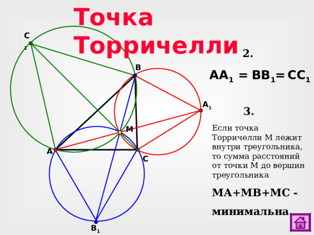 Точка Торричелли C 1 2. B = CC 1 BB 1  AA 1 = A 1 3. Если точка Торричелли М лежит внутри треугольника, то сумма расстояний от точки М до вершин треугольника M А+ M В+ M С - минимальна M A C B 1 