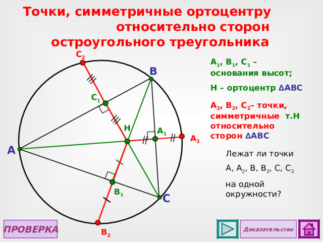  Точки, симметричные ортоцентру  относительно сторон остроугольного треугольника C 2 A 1 , B 1 , C 1  – основания высот; H – ортоцентр ∆ ABC B C 1 A 2 , B 2 , C 2 – точки, симметричные т.Н  относительно сторон ∆ ABC H A 1 А 2 A Лежат ли точки А, А 2 , В, В 2 , С, С 2  на одной окружности? Для просмотра  чертежа в случае с тупоугольным треугольником сделайте клик по управляющей кнопке «Далее». B 1 C ПРОВЕРКА Доказательство B 2  