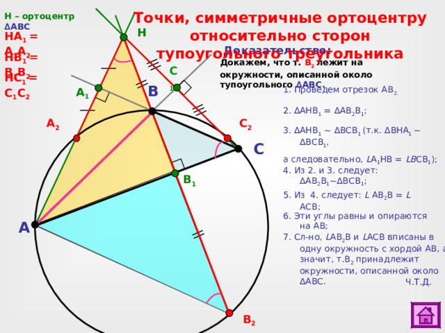 Точки, симметричные ортоцентру относительно сторон тупоугольного треугольника H – ортоцентр ∆ ABC H НА 1 = А 1 А 2 Доказательство: Н B 1 = B 1 B 2 Докажем, что т. В 2 лежит на окружности, описанной около тупоугольного ∆ ABC . C 1 Н C 1 = C 1 C 2 B 1. Проведем отрезок АВ 2. A 1 2. ∆ AHB 1 = ∆ A В 2 В 1 ; C 2 А 2 3. ∆ AHB 1 ~ ∆ВСВ 1 (т.к. ∆ВНА 1 ~  ∆ B СВ 1 , а следовательно, L A 1 НВ = L В СВ 1 ); C 4. Из 2. и 3. следует: ∆ A В 2 В 1 ~ ∆ B СВ 1 ; B 1 5. Из 4. следует: L  A В 2 В = L АСВ; 6. Эти углы равны и опираются на АВ; 1) ∆ A 1 HB ,  ∆ A В 1 В 2 и  ∆ B 1 СВ можно выделить дополнительно. Для этого сделайте клик по внутренней области треугольника. 2) Для перехода к слайду № 27 сделайте клик по кнопке «астроном». A 7. Сл-но ,  L A В 2 В и L АСВ вписаны в одну окружность с хордой АВ, а значит, т.В 2 принадлежит окружности, описанной около ∆А B С. Ч.Т.Д. В 2  