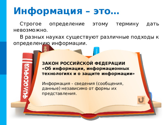 Информация – это… Строгое определение этому термину дать невозможно. В разных науках существуют различные подходы к определению информации. ЗАКОН РОССИЙСКОЙ ФЕДЕРАЦИИ «Об информации, информационных технологиях и о защите информации»  Информация - сведения (сообщения, данные) независимо от формы их представления. Комментарии Кнопка «Возврат» возвращает на 4-й слайд, простой переход (пробел, щелчок мыши) – на следующий  