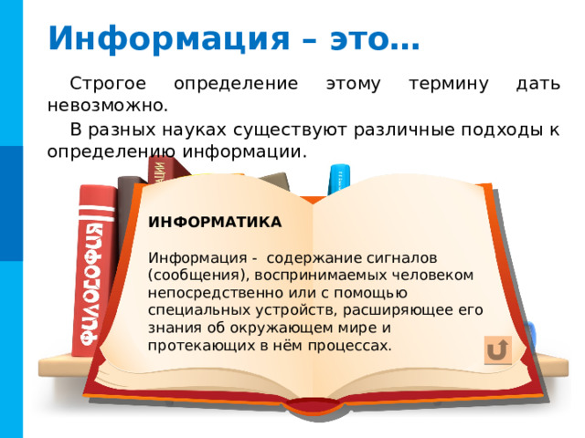 Информация – это… Строгое определение этому термину дать невозможно. В разных науках существуют различные подходы к определению информации. ИНФОРМАТИКА Информация - содержание сигналов (сообщения), воспринимаемых человеком непосредственно или с помощью специальных устройств, расширяющее его знания об окружающем мире и протекающих в нём процессах. Комментарии Кнопка «Возврат» возвращает на 4-й слайд, простой переход (пробел, щелчок мыши) – на следующий  