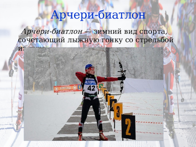 Арчери-биатлон  Арчери-биатлон  — зимний вид спорта, сочетающий лыжную гонку со стрельбой из лука. 