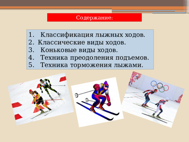 Содержание : 1. Классификация лыжных ходов. Классические виды ходов. 3. Коньковые виды ходов. 4. Техника преодоления подъемов. 5. Техника торможения лыжами. 