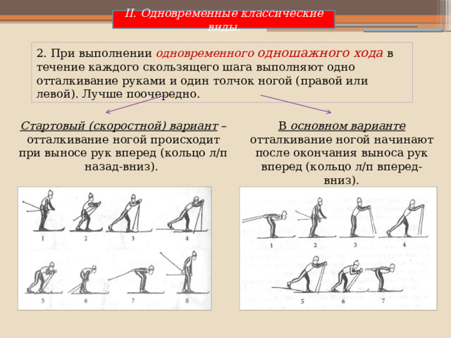 II. Одновременные классические виды. 2. При выполнении   одновременного одношажного хода в течение каждого скользящего шага выполняют одно отталкивание руками и один толчок ногой (правой или левой). Лучше поочередно. Стартовый (скоростной) вариант  – отталкивание ногой происходит при выносе рук вперед (кольцо л/п назад-вниз). В основном варианте отталкивание ногой начинают после окончания выноса рук вперед (кольцо л/п вперед-вниз). 