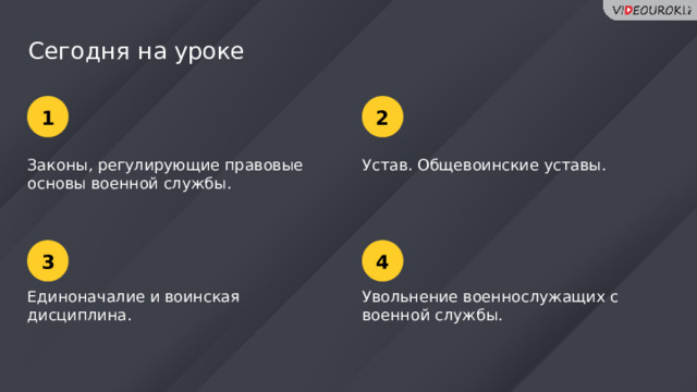 Сегодня на уроке 1 2 Устав. Общевоинские уставы. Законы, регулирующие правовые основы военной службы. 3 4 Единоначалие и воинская дисциплина. Увольнение военнослужащих с военной службы.  