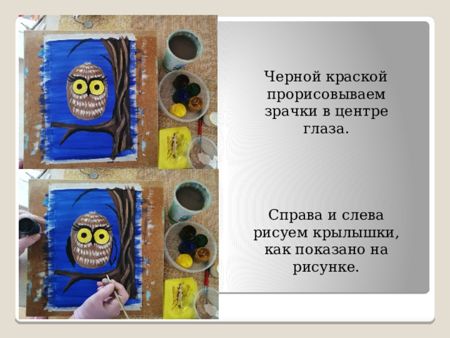 Черной краской прорисовываем зрачки в центре глаза. Справа и слева рисуем крылышки, как показано на рисунке. 