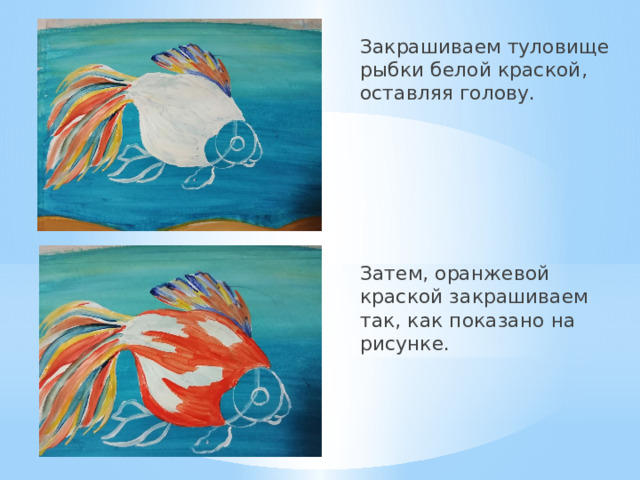 Закрашиваем туловище рыбки белой краской, оставляя голову. Затем, оранжевой краской закрашиваем так, как показано на рисунке. 