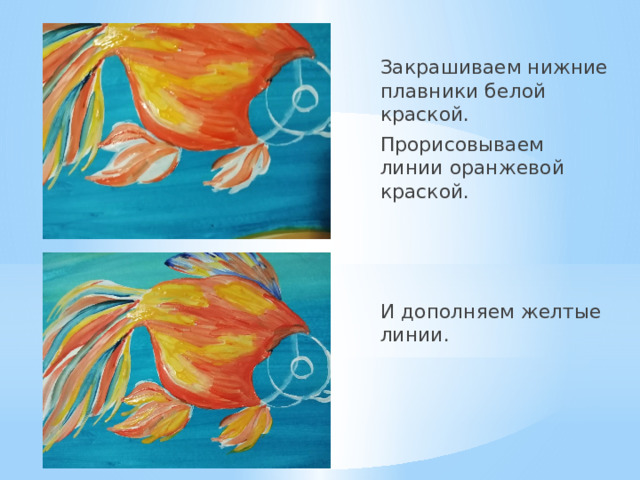 Закрашиваем нижние плавники белой краской. Прорисовываем линии оранжевой краской. И дополняем желтые линии. 