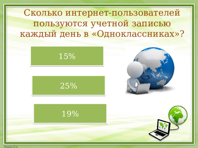 Сколько интернет-пользователей пользуются учетной записью каждый день в «Одноклассниках»? 15% 25% 19%  