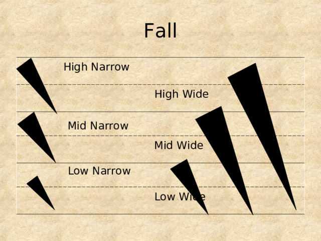 Fall  High Narrow  High Wide  Mid Narrow  Mid Wide  Low Narrow  Low Wide 