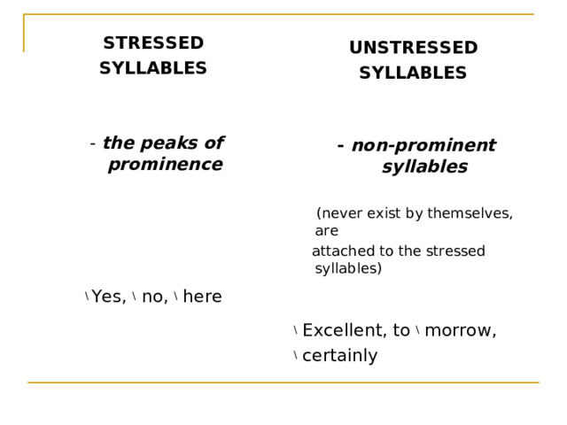 STRESSED SYLLABLES   - the peaks of prominence  \ Yes, \ no, \ here UNSTRESSED SYLLABLES  - non-prominent syllables   (never exist by themselves, are  attached to the stressed syllables) \ Excellent, to \ morrow, \ certainly 