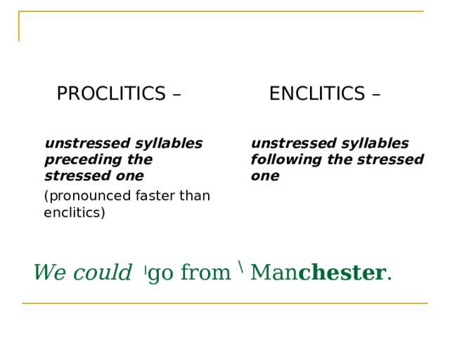 PROCLITICS –  unstressed syllables preceding the stressed one  (pronounced faster than enclitics) ENCLITICS –  unstressed syllables following the stressed one We could  ׀ go from \ Man chester . 