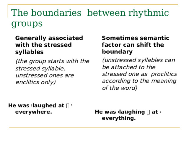 The boundaries between rhythmic groups  Sometimes semantic factor can shift the boundary  (unstressed syllables can be attached to the stressed one as proclitics according to the meaning of the word)   He was ׀ laughing  at \ everything.  Generally associated with the stressed syllables  (the group starts with the stressed syllable, unstressed ones are enclitics only)   He was ׀ laughed at  \ everywhere. 